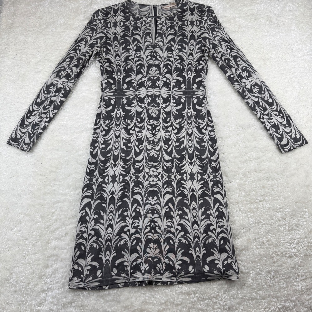 Tory Burch Dress Womens Small Black‎ White Floral Print Long Sleeve Sheath Event